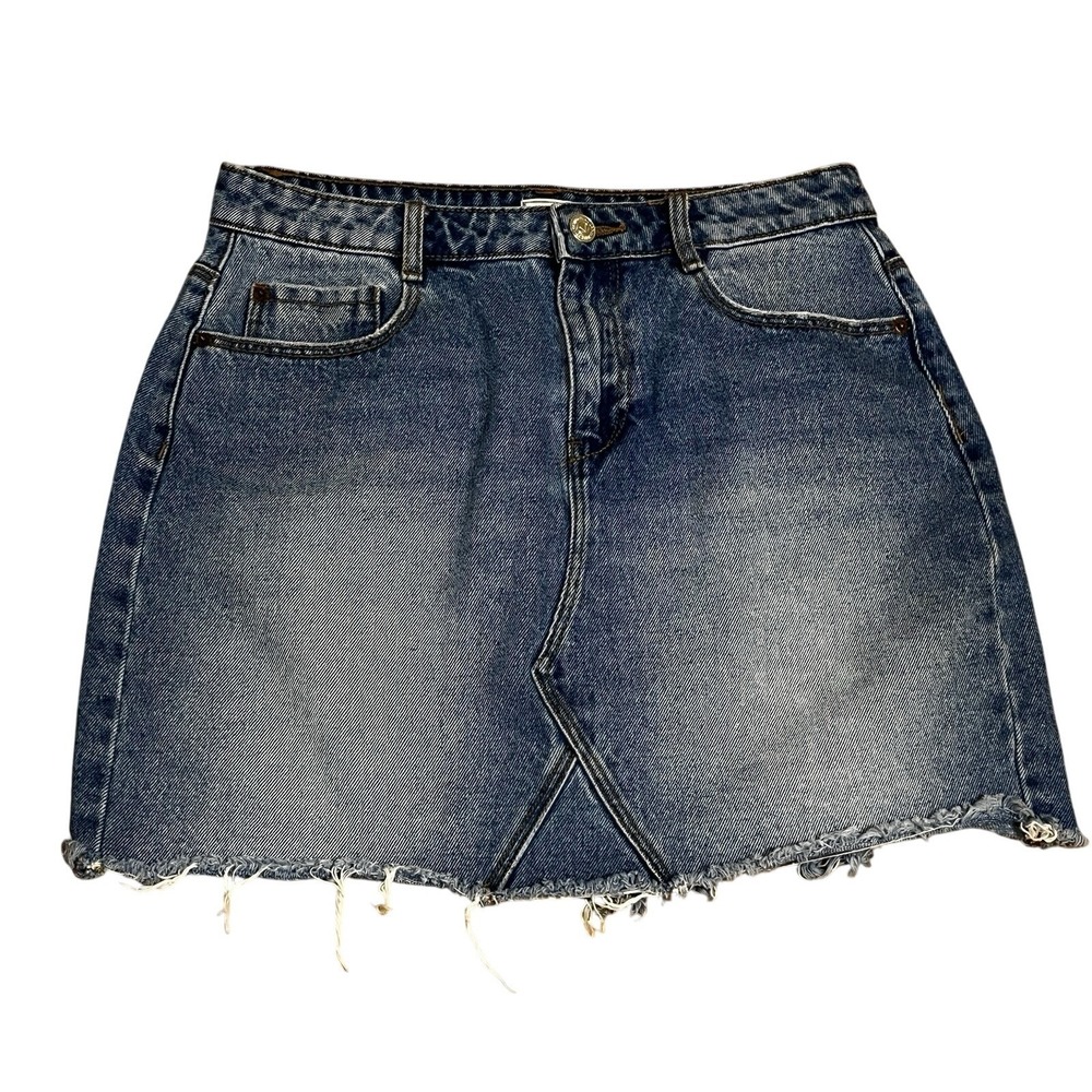 Pimkie Denim‎ Blue Jean Mini Skirt Womens 34 Distressed Raw Hem Bohemian Grunge